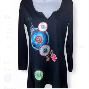 Desigual Women's Long Sleeve Tunic Embroidered Graphic Designs Size M Artsy Boho